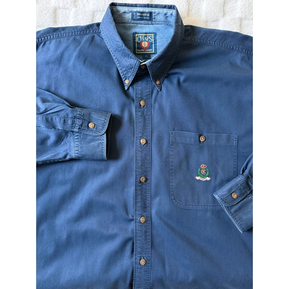 VTG 90s Chaps Ralph Lauren Men Shirt XL Navy Cotton Twill Crest Button Down